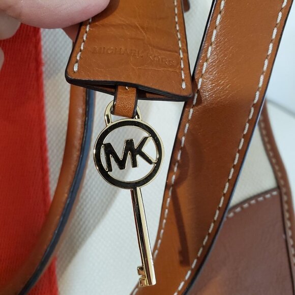 MICHAEL KORS purse Hamilton Red stripe Cream canvas/leather handbag bag 14x12x6 - Picture 4 of 13